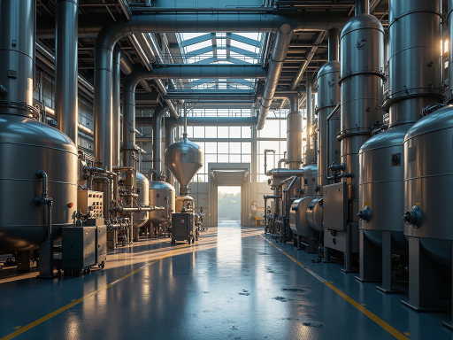 现代化工厂外景,蓝色屋顶工业建筑,绿色植被环绕,阳光明媚自然光