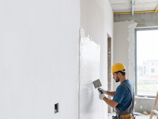 商业大厦外墙施工场景,工人正在作业,城市天际线背景
