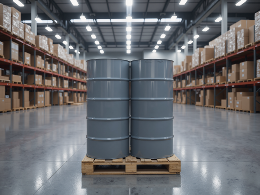 黑色沥青防水涂料桶装产品,工业包装设计,工厂车间背景