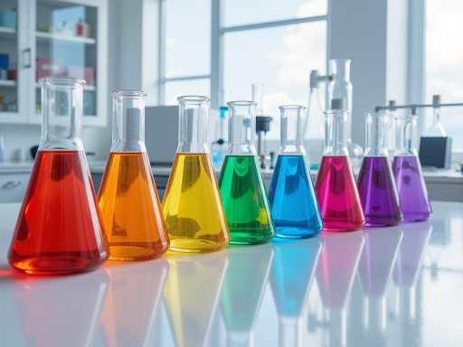 多种颜色防水涂料样品展示,实验室台面摆放,专业检测设备背景